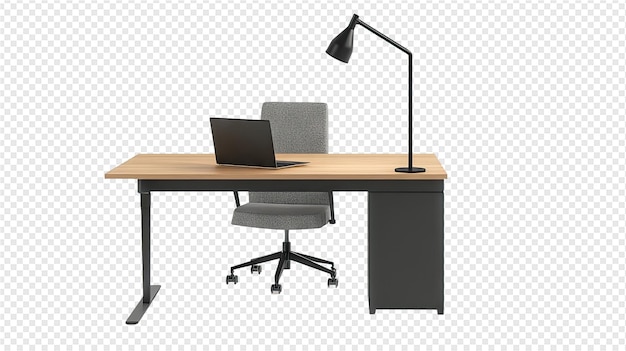 a desk with a laptop and a lamp on it