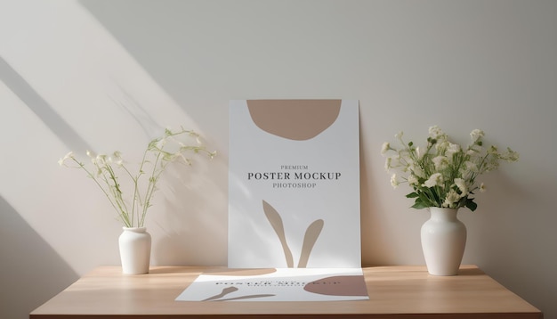 a desk with white empty paper mockup on wall a vase of flowers