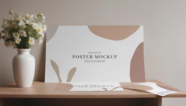 a desk with white empty papers mockup on wall a vase of white flowers