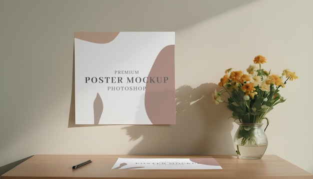 a desk with white empty papers mockup on wall a vase of yellow flowers