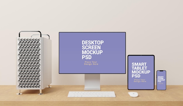 desktop computer tablet and smartphone mockup