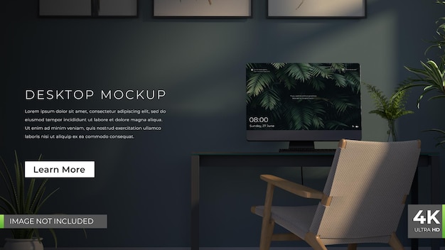 Desktop mockup with greenery and wooden chair design fully editable Premium Psd