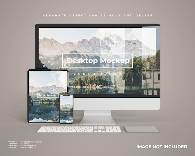Desktop mockup with tablet and smartphone looks front view