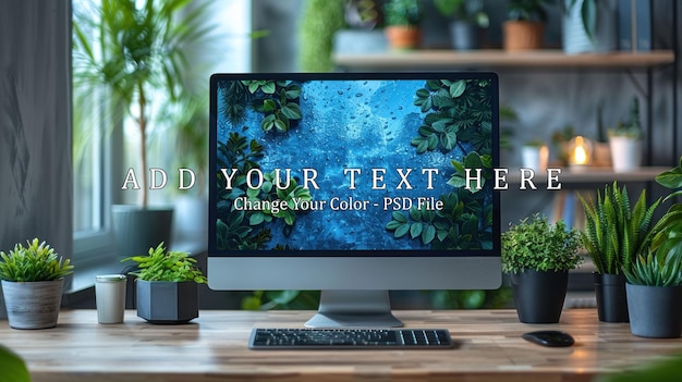 PSD desktop setup with lush greenery and a blue screen