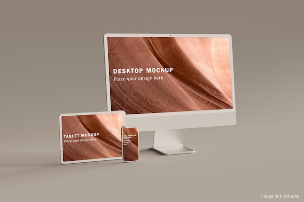 Desktop tablet smartphone mockup warm lighting - PERSPECTIVE VIEW