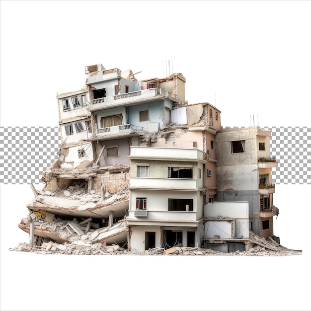 Destroyed building after earthquake isolated on transparent background Generative AI