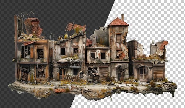 Destroyed buildings in a wartorn cityscape model cut out stock png