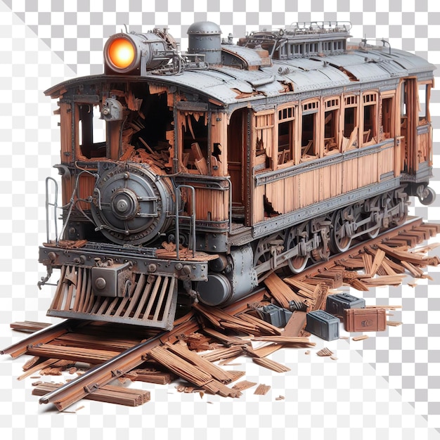 Destroyed old train isolated on a transparent background