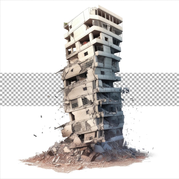 Destroyed skyscraper after earthquake isolated on transparent background Generative AI