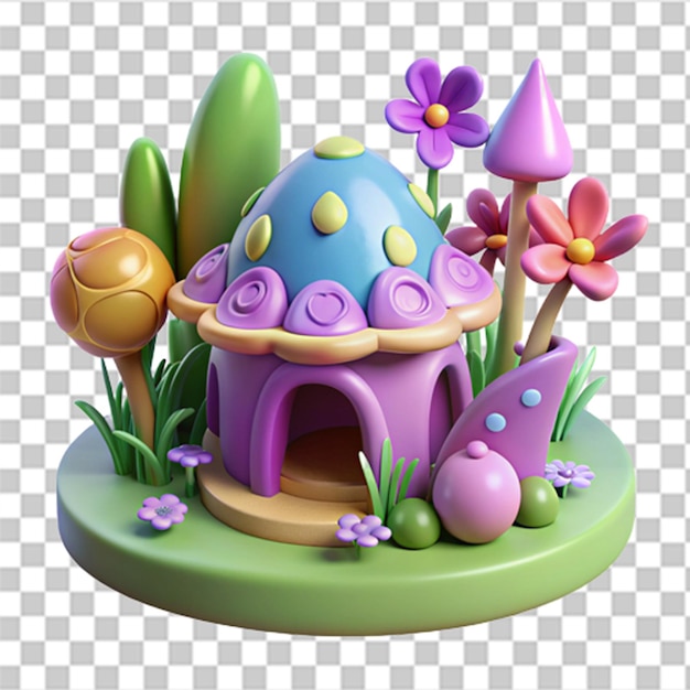 PSD detailed 3d plastic graphic of whimsical fairy garden with colorful flora and glossy textures