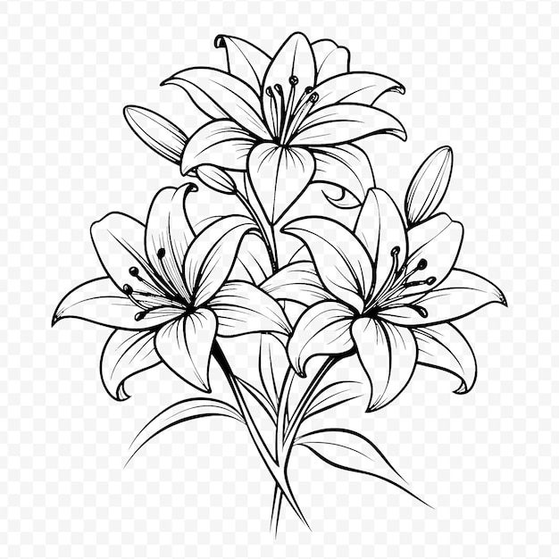 PSD detailed flower line art illustration on transparent background