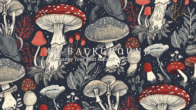 PSD a detailed illustration of various mushrooms and forest flora