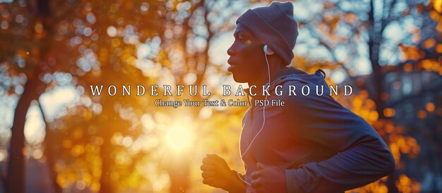 A determined young man with headphones enjoys a vibrant run in the park at sunrise