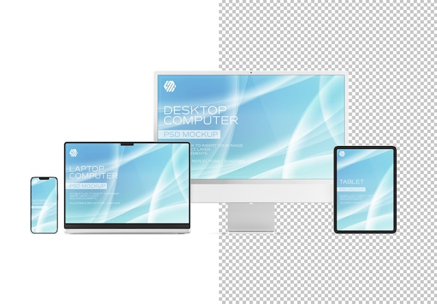 PSD devices isolated on white with desktop computer laptop smartphone and tablet