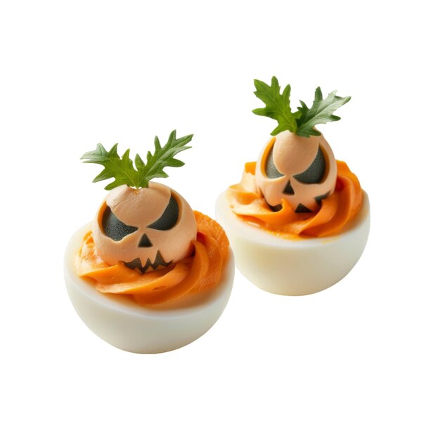 PSD deviled eggs decorated as jackolantern pumpkins for halloween