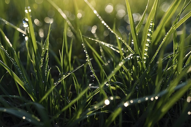 PSD dewy grass blades glisten in morning light