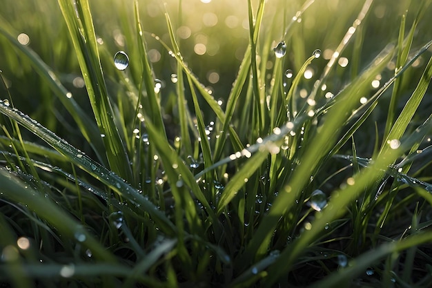 Dewy grass blades glisten in morning light