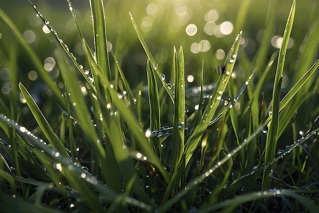 PSD dewy grass blades glisten in morning light