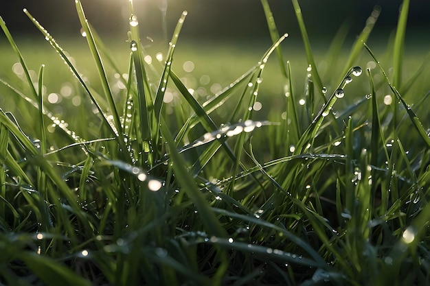 Dewy grass blades glisten in morning light