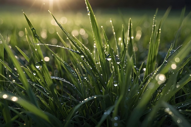 PSD dewy grass blades glisten in morning light