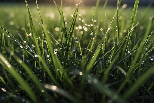 Dewy grass blades glisten in morning light