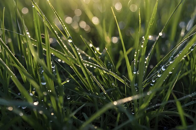 Dewy grass blades glisten in morning light