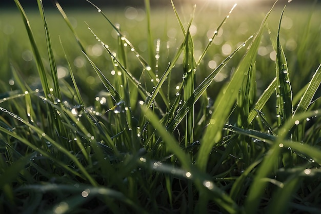 Dewy grass blades glisten in morning light