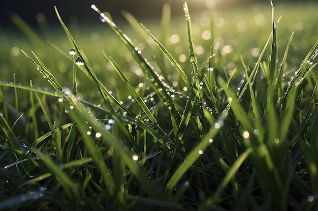 Dewy grass blades glisten in morning light