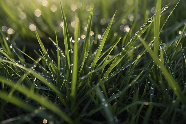 Dewy grass blades glisten in morning light