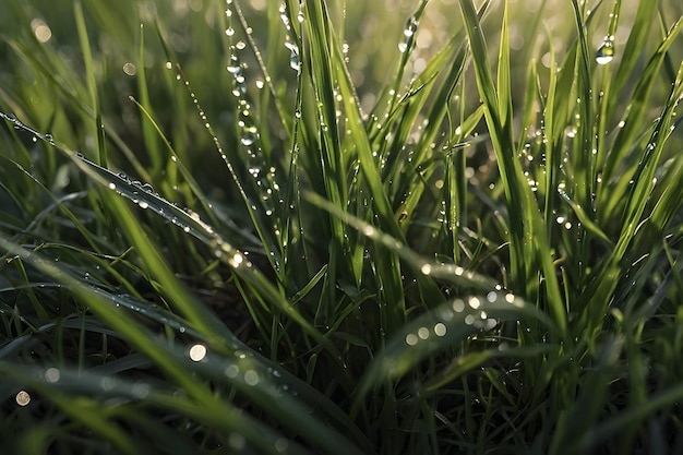 Dewy grass blades glisten in morning light