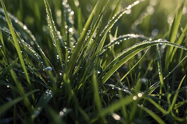 PSD dewy grass blades glisten in morning light