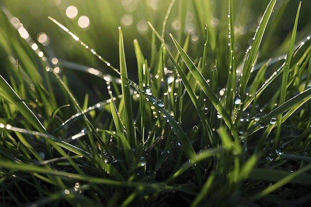 PSD dewy grass blades glisten in morning light