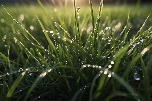 Dewy grass blades glisten in morning light