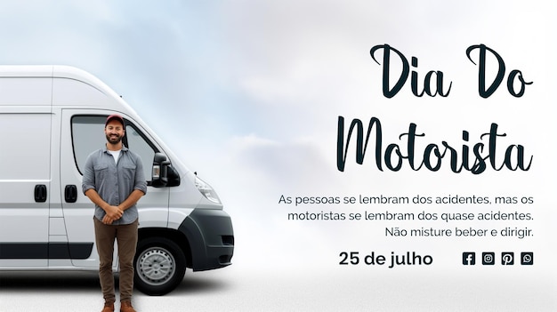 PSD dia do motorista concept a vehicle and a man standing in canvas on white texture background