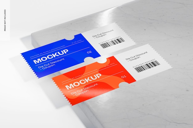 Die Cut Discount Coupons Mockup, Perspective