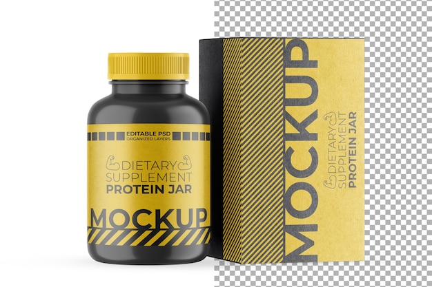 Dietary Supplement Protein Jar with Paper Box Mockup