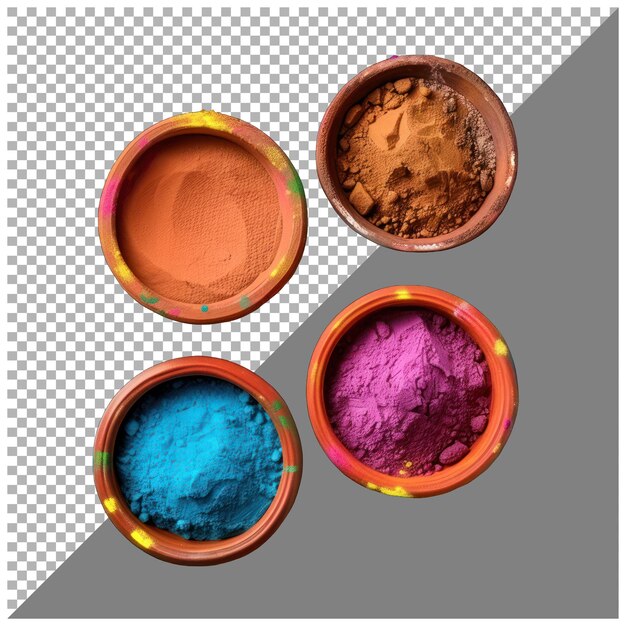 PSD different color powders in mud pots transparent background