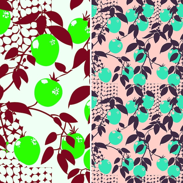 different designs of fruit and leaves on a white background