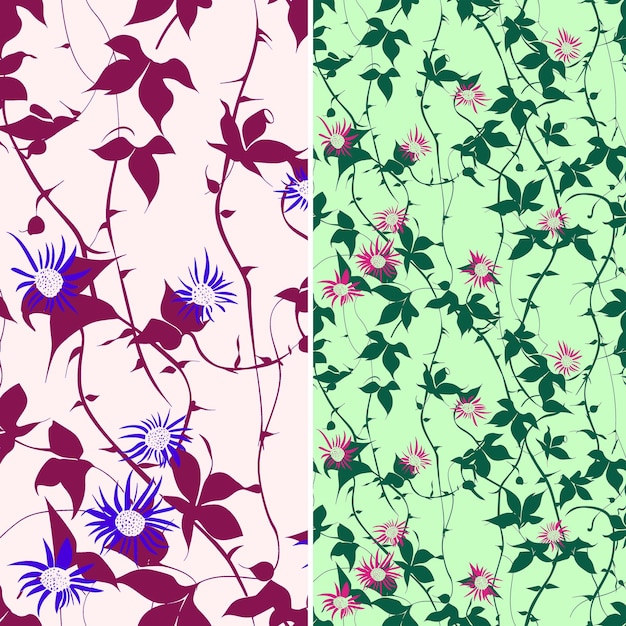 different flowers and leaves on a pink background