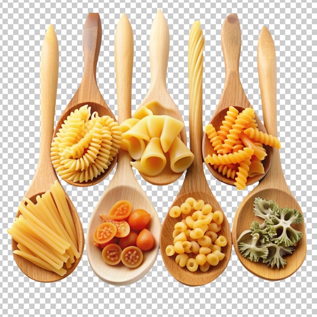 PSD different pasta types in wooden spoons transparent background