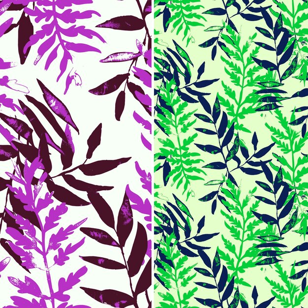 different shades of green and purple with leaves and leaves