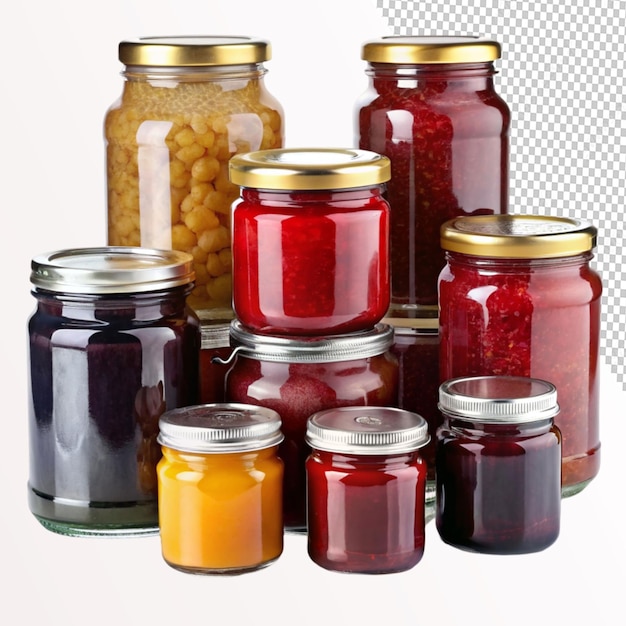 different sizes of glass jam jars front side on transparent background