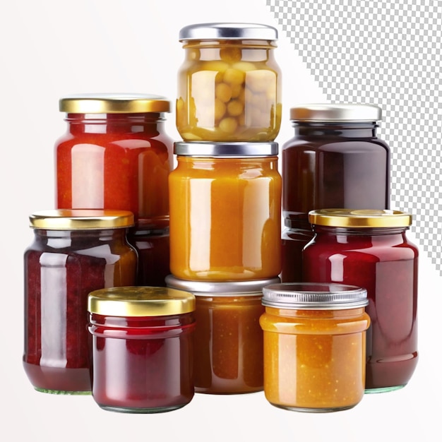 different sizes of glass jam jars front side on transparent background