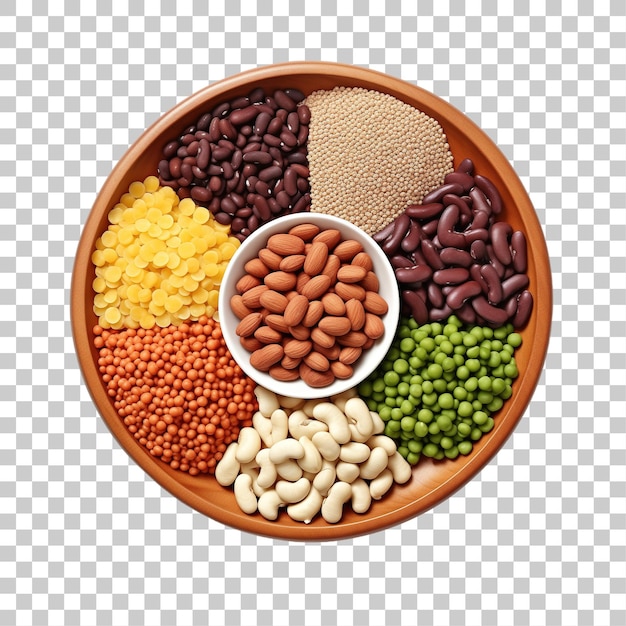 Different types of beans in bowl on white background top view