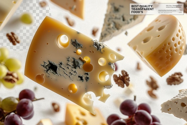 PSD different types of cheese flying or falling in the air on transparent background