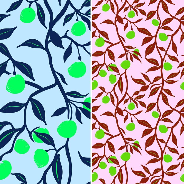 different types of green and pink designs with leaves and fruits