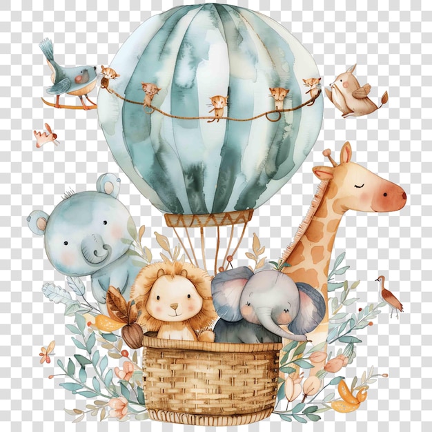 PSD different zoo animals in a hot air balloon watercolor nurseryon transparent background