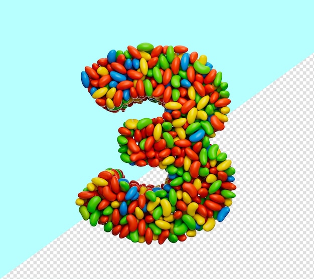 Digit 3 Colorful Jelly Beans Number 3 Rainbow Colourful candies jelly beans 3d illustration