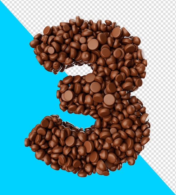 PSD digit 3 made of chocolate chips chocolate pieces alphabet letter 3 3d illustration