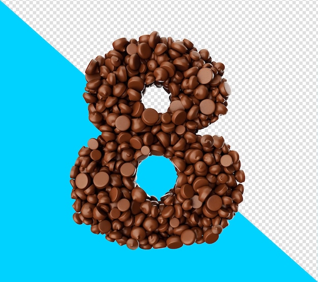 PSD digit 8 made of chocolate chips chocolate pieces alphabet letter 8 3d illustration